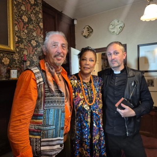 Keith Skinner, Pauline Peart and Nathan Head in costume on set