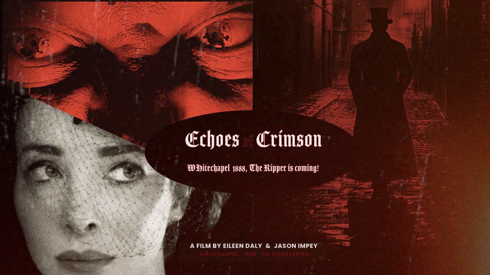 Echoes of Crimson wide banner &mdash; Mary Kelly veiled, the Ripper in the alley