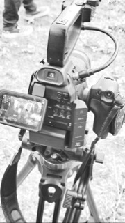 Camera set up in the graveyard, black and white