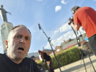Nathan Head pulling a face on set