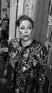 Pauline Peart in costume, black and white